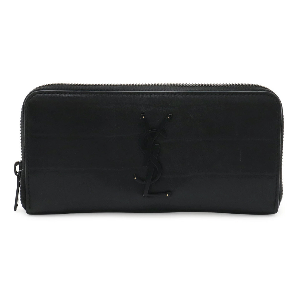 SAINT LAURENT PARIS YSL Yves Round Zip Long Wallet Crocodile Leather Black